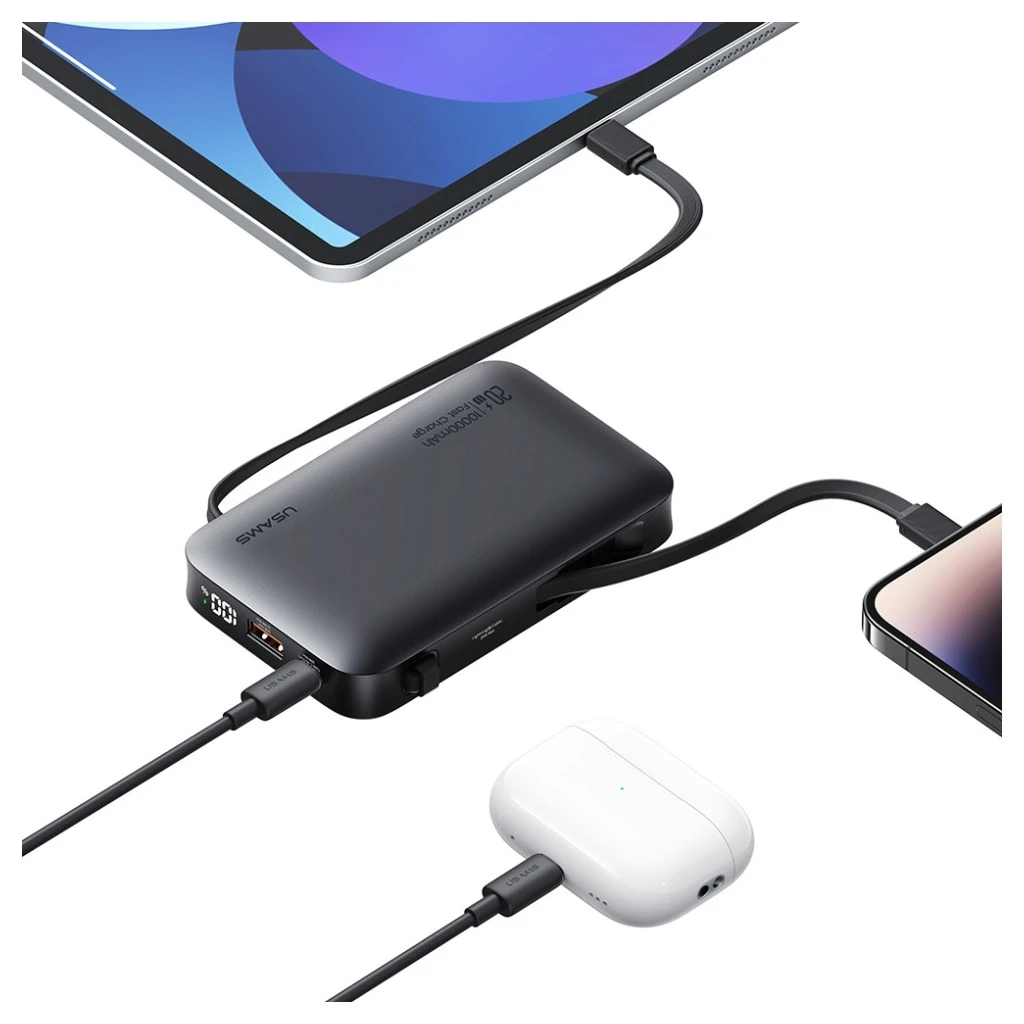 Hordozható töltő USAMS XR Series CD228 10000mAh 20W + USB-C/Lightning kábel fehér