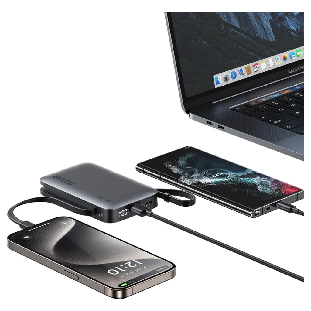 Hordozható töltő USAMS XR Series CD228 10000mAh 20W + USB-C/Lightning kábel fehér