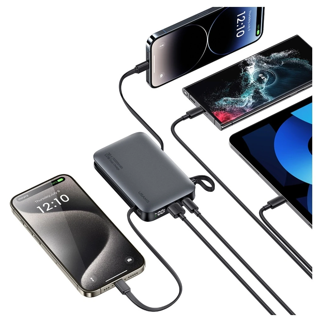 Hordozható töltő USAMS XR Series CD228 10000mAh 20W + USB-C/Lightning kábel fehér