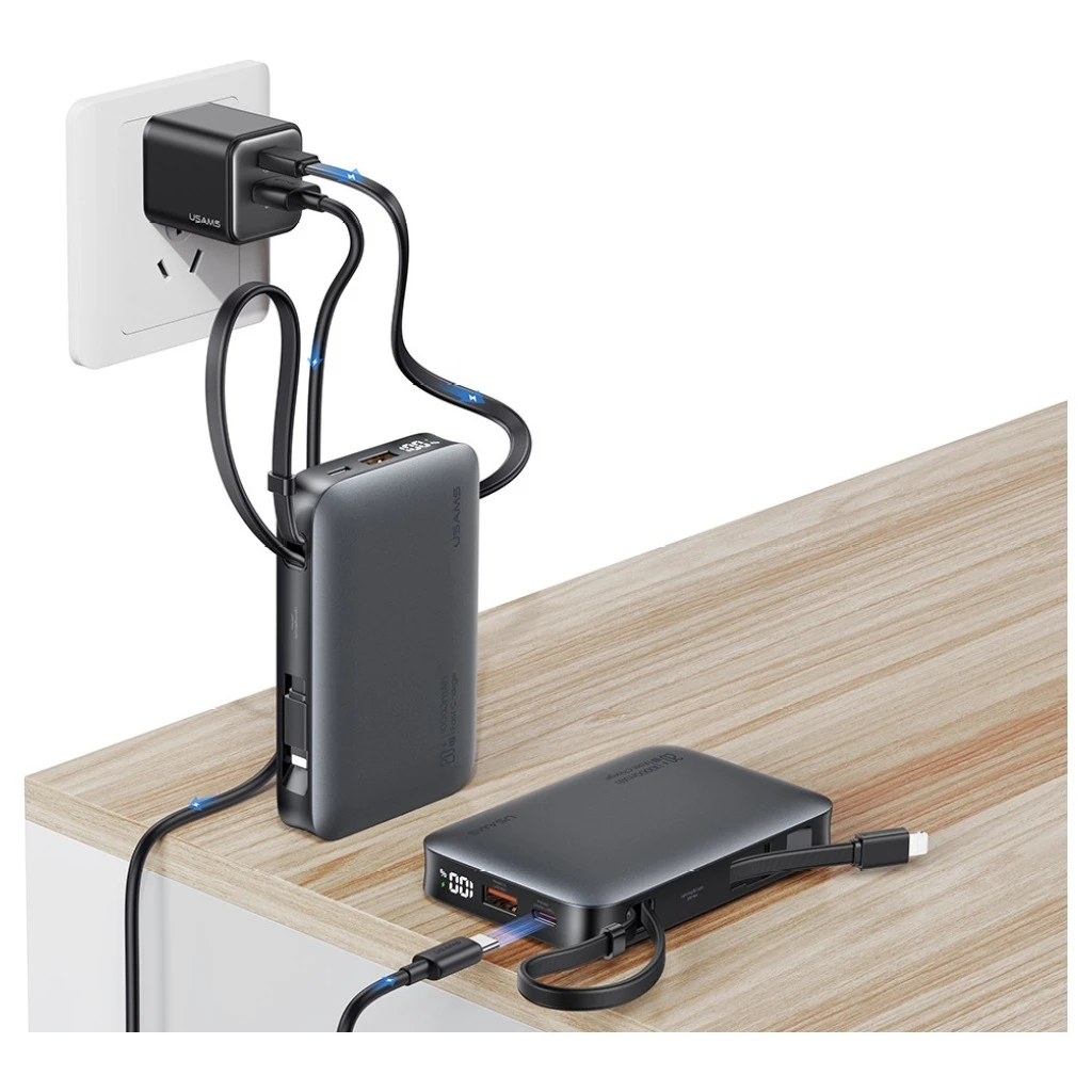 Hordozható töltő USAMS XR Series CD228 10000mAh 20W + USB-C/Lightning kábel fehér