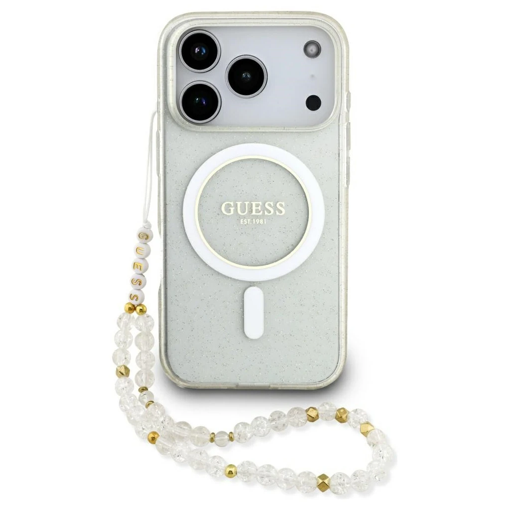 Guess IML Glitter Pearl Strap MagSafe tok iPhone 17 Pro Max készülékhez átlátszó