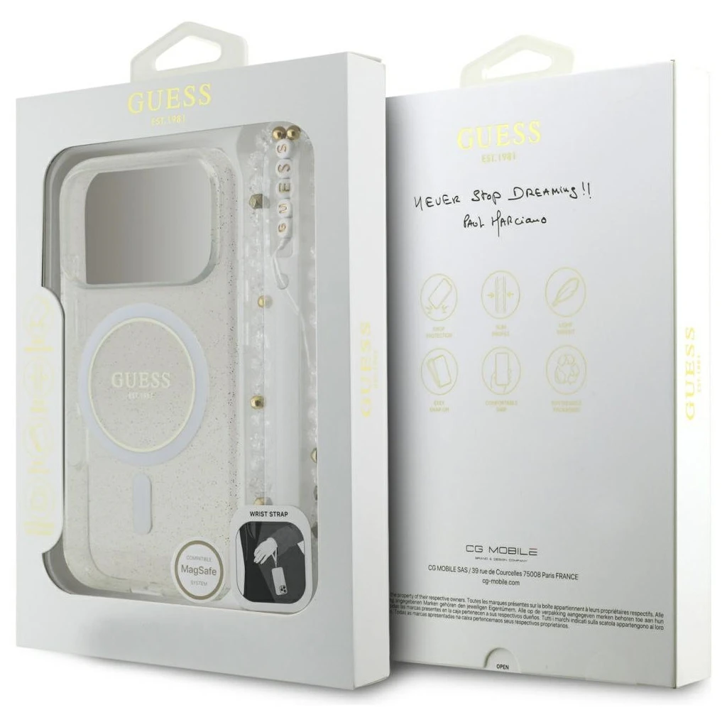 Guess IML Glitter Pearl Strap MagSafe tok iPhone 17 Pro Max készülékhez átlátszó