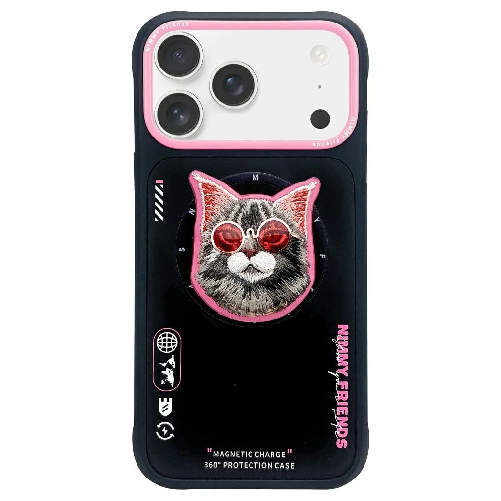 Nimmy Glasses Cool Cat MagSafe tok iPhone 17 készülékhez fekete és rózsaszín