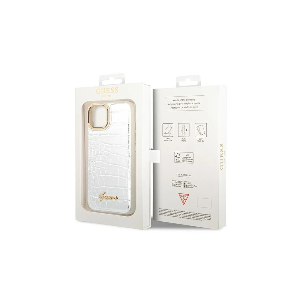 Guess GUHCP14MHGCRHS iPhone 14 Plus / 15 Plus 6.7″ készülékhez kemény tok Croco Collection ezüst